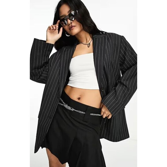Weekday Aiden Oversized Pinstripe Blazer Dark Gray Shoulder Pads Women 44 L NEW
